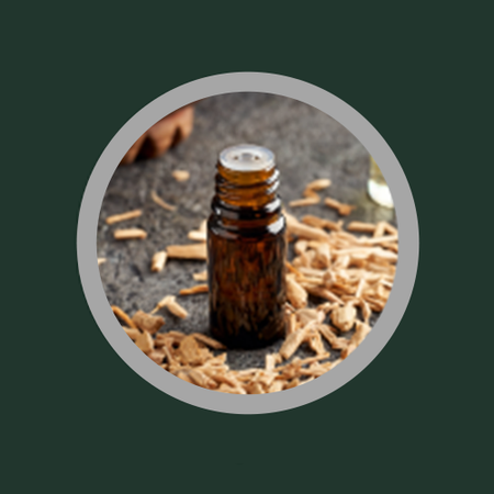 Cedarwood Oil swatch circle representing natural, clean, and skin-friendly ingredients.