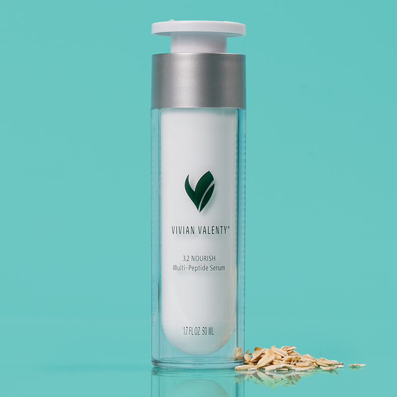 Step 3.2: Vivian Valenty Skincare Nourish on a turquoise background with water droplets and a fresh apple, representing clean, fresh, and healthy skin.
